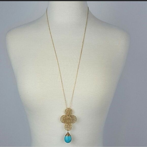 Women's Golden Tone Long Necklace with Turquise Stone Bohemian - Picture 1 of 2